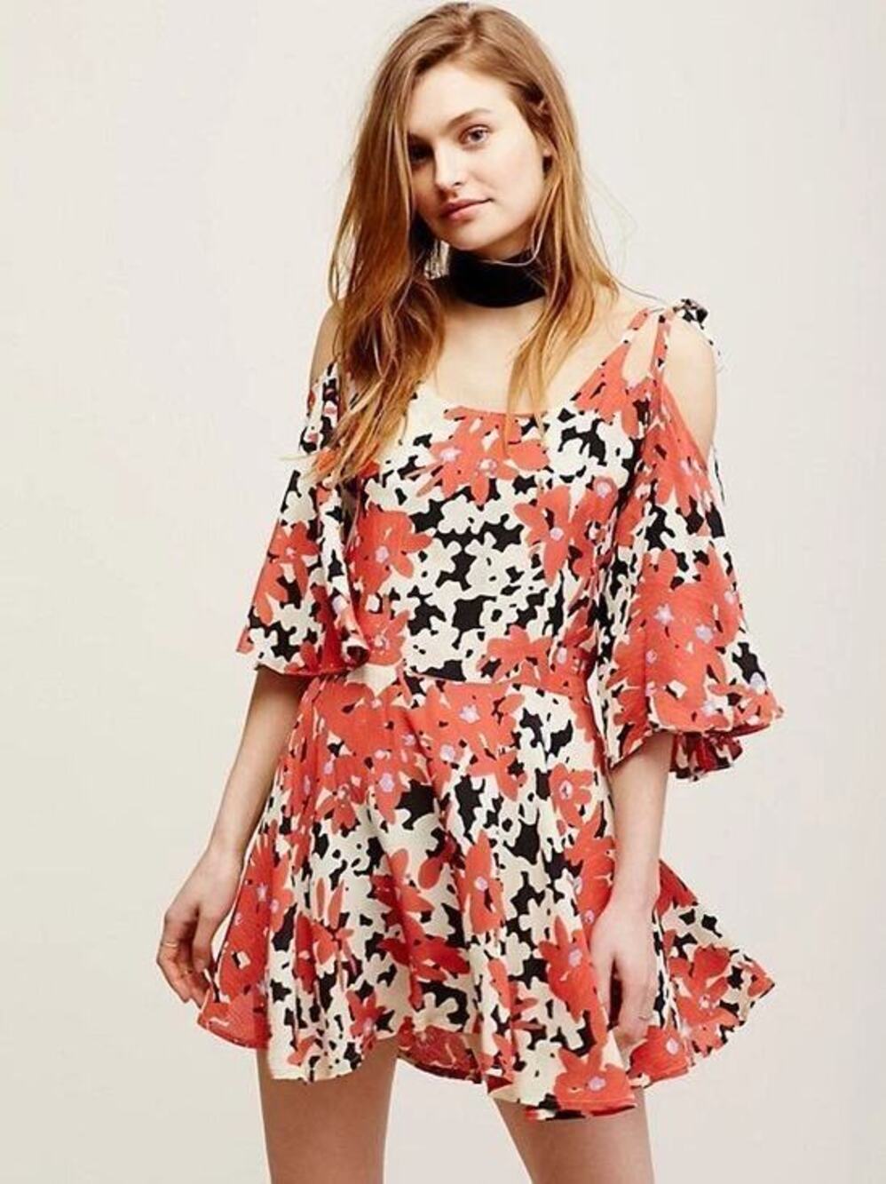 Free People FP One Lucina Floral Cold Shoulder Kimono Sleeve Mini Dress M Boho